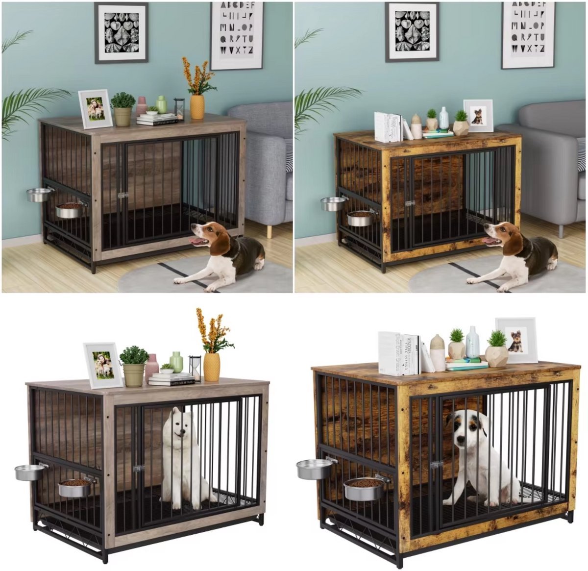 Houten Hondenbenche Tavien - Hondenren - Hondenkrat Bijzettafel met Afneembare Kommen en Dienblad - Dubbele Deuren Hondenkennel voor Middelgrote Honden Binnen - 99 x 63 x 72 cm - Bruin