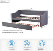Opulence Slaapbank voor 2 personen - 90 x 200 cm - Logeerbed - Zetelbed - Gestoffeerd - Grijs