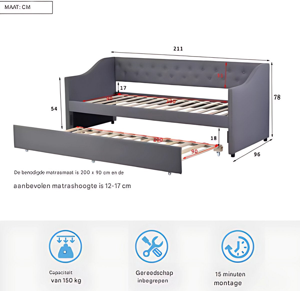 Opulence Slaapbank voor 2 personen - 90 x 200 cm - Logeerbed - Zetelbed - Gestoffeerd - Grijs