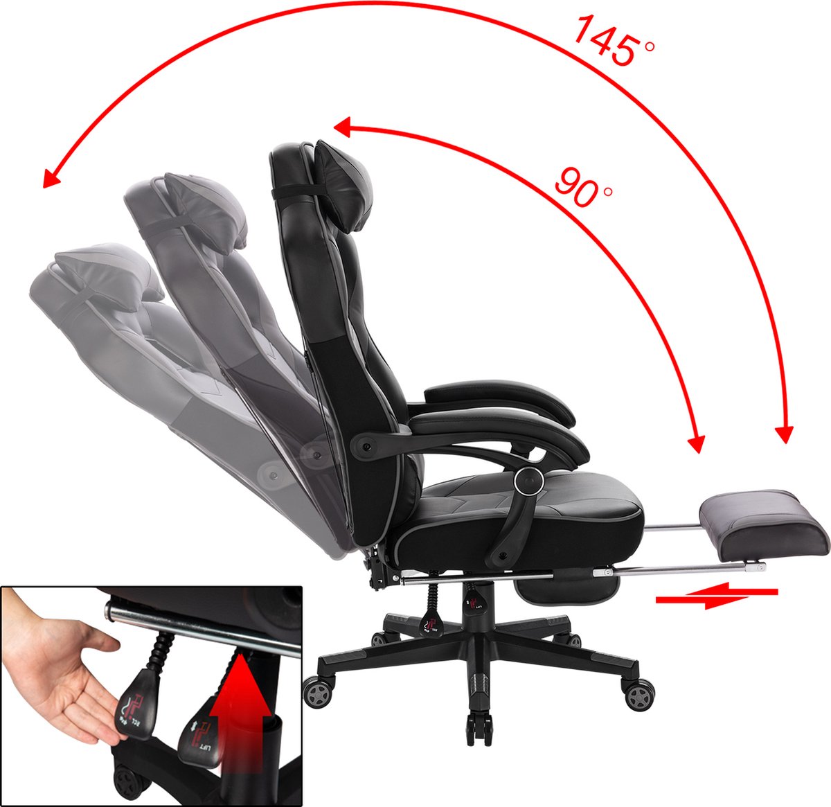 Gaming stoel Hybride - Verstelbaar in hoogte - Met voetsteun - Gamestoel - Chair - Ergonomische bureaustoel - Chair - Zwart - Kunstleer