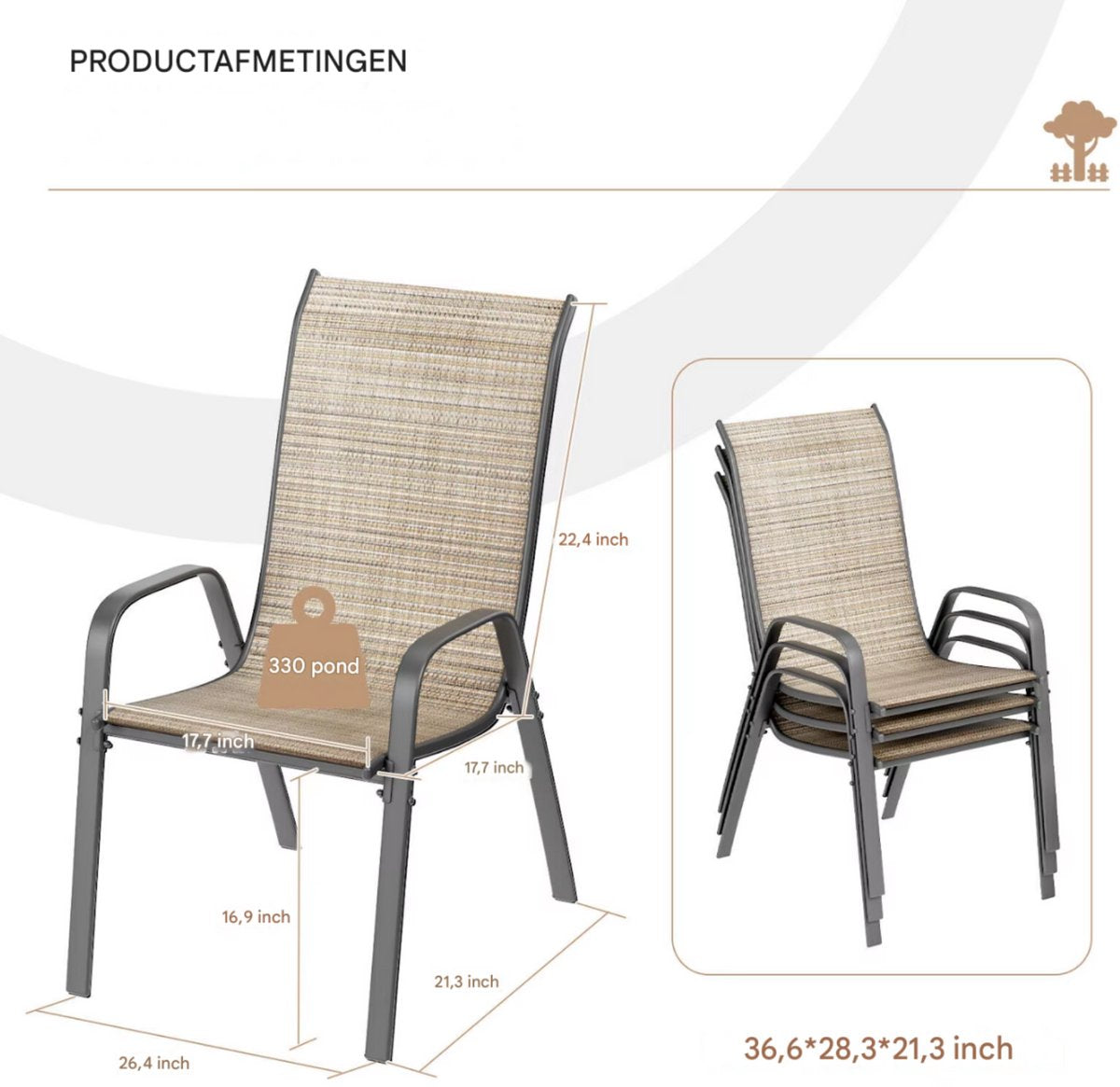 Metalen Buitenstoelenset - Tuinstoelen - Tuintafel stoelen - Stapelbare Terrasstoelen van Textilene - Set van 4, Max. Belastbaarheid 150 kg - Bruin