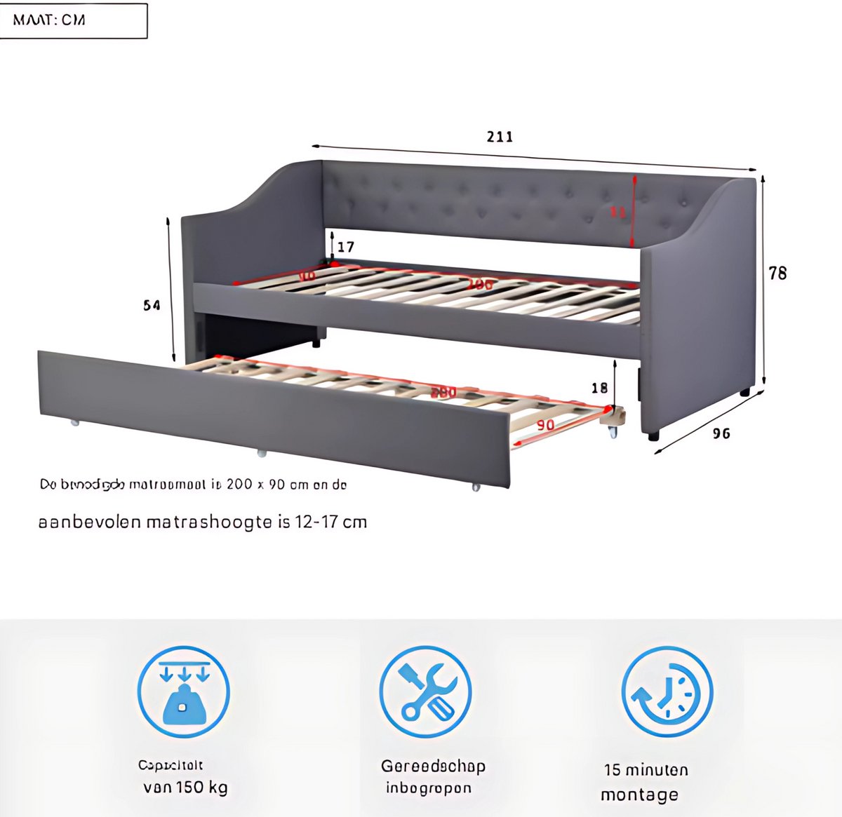 Slaapbank voor 2 personen - 90 x 200 cm - Logeerbed - Zetelbed - Gestoffeerd - Grijs