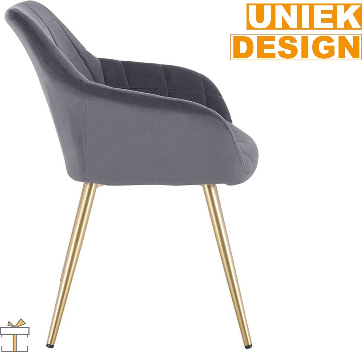 Eetkamerstoel - Velvet Grijs/Goud - Met armleuning - Fauteuil stijl - Set van 1
