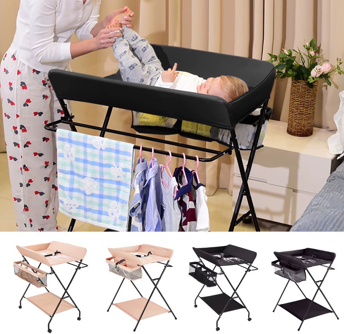 Babyverschoontafel – Verzorgingstafel - Opvouwbaar voor kinderkamer – Stabiel en veilig met opbergruimte – Max. draagvermogen 15 kg – Khaki - Zonder wielen