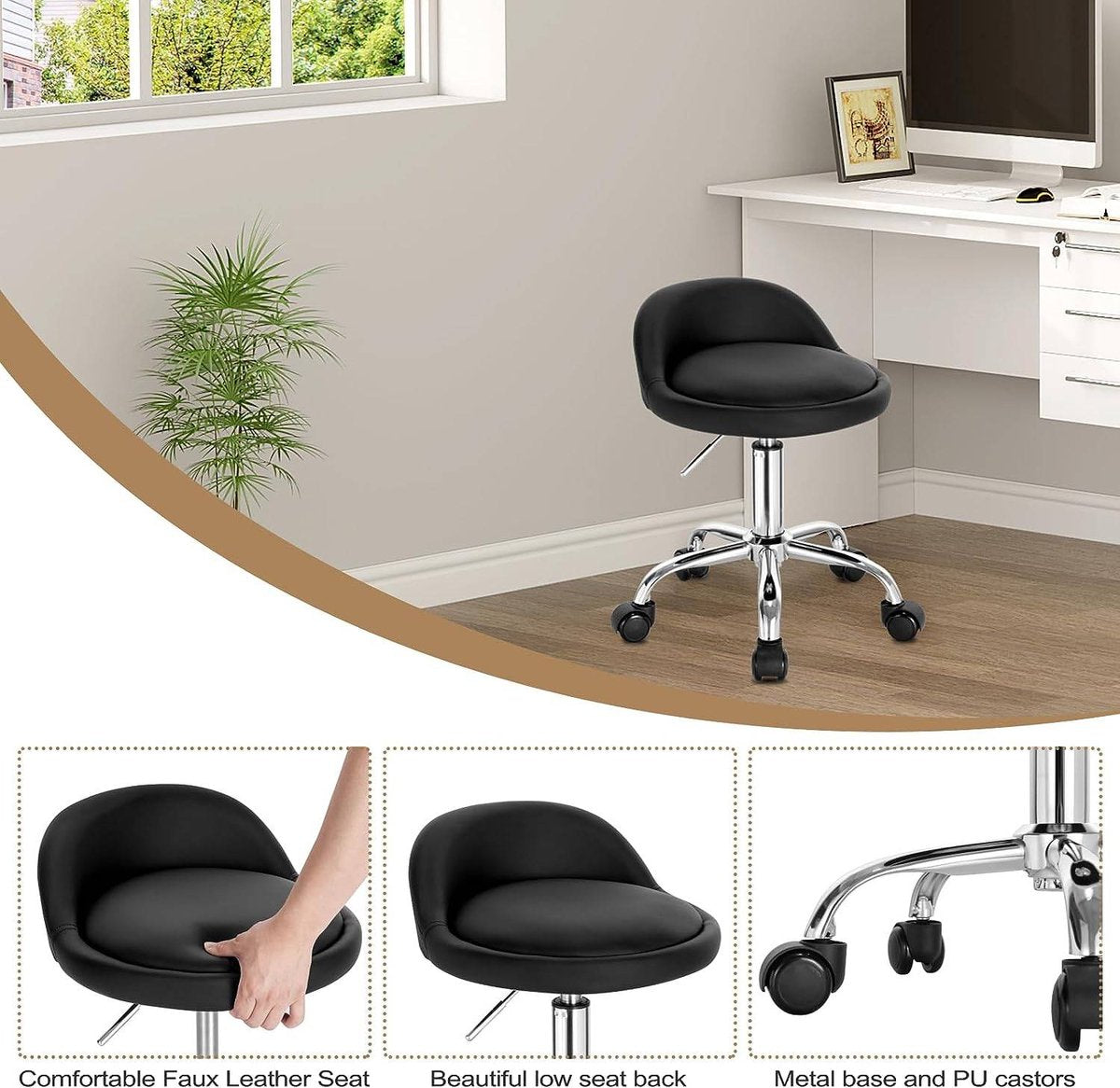 Luxe werkkruk - Op wielen - Zwart - Zadelkruk - Kapperskruk - Tabouret draaikruk - Zonder rugleuning - Ergonomisch - Kunstleer