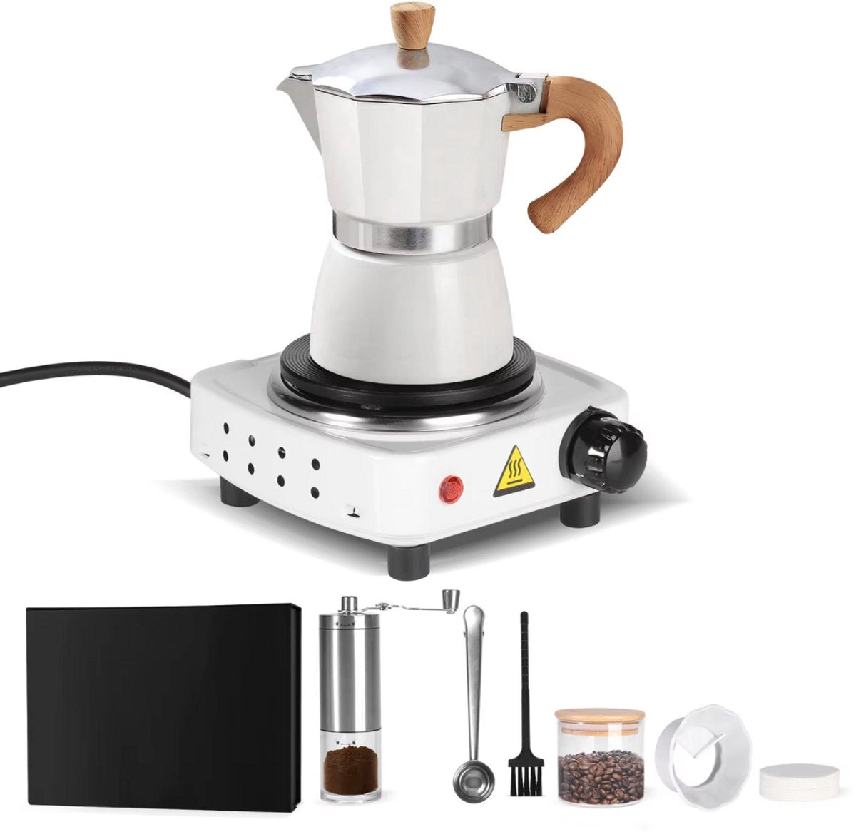 Espresso koffiemaker - Wit - Percolator - Moka pot - Met Koffiemolen - Camping en thuisgebruik