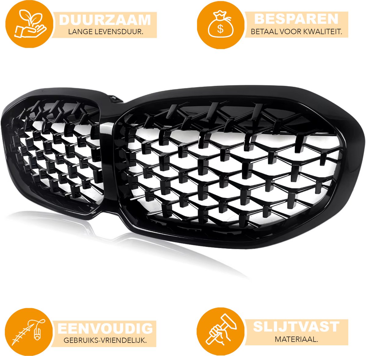 Voorbumper grille Hexa - Voor BMW 1 Serie F40 (2020+) - Diamant Stijl - Gloss Black - Auto accessoires