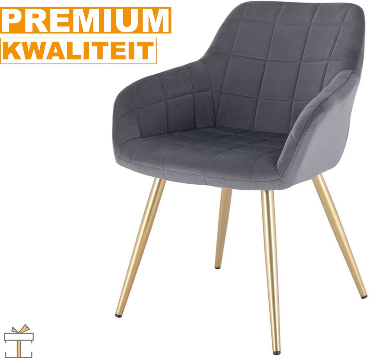 Eetkamerstoel - Velvet Grijs/Goud - Met armleuning - Fauteuil stijl - Set van 1