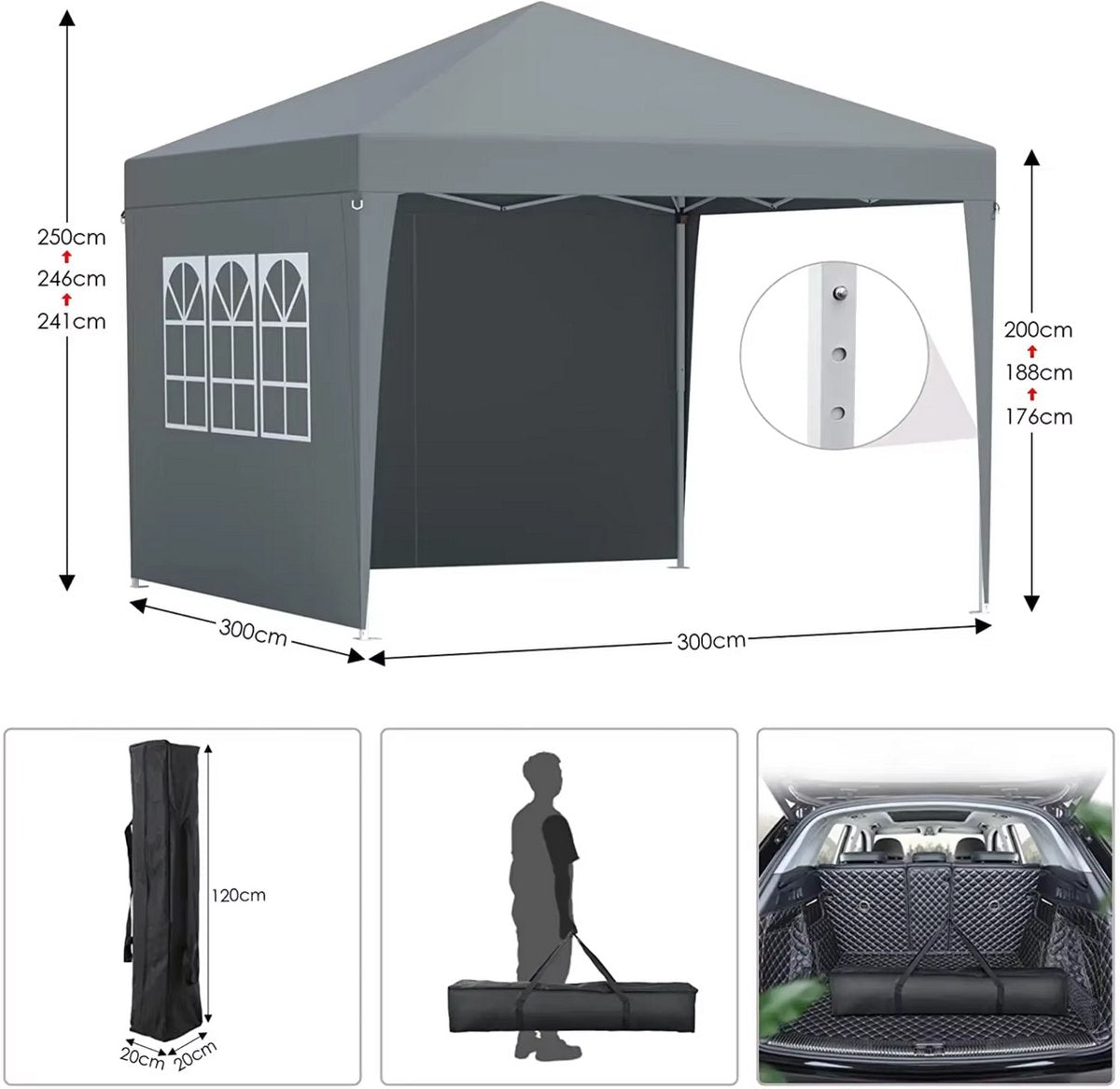 Partytent met zijwanden - 300x300cm - Feesttent - Opvouwbaar - Blauw - Easy up - Paviljoen - Waterdicht weerbestendig - In hoogte verstelbaar