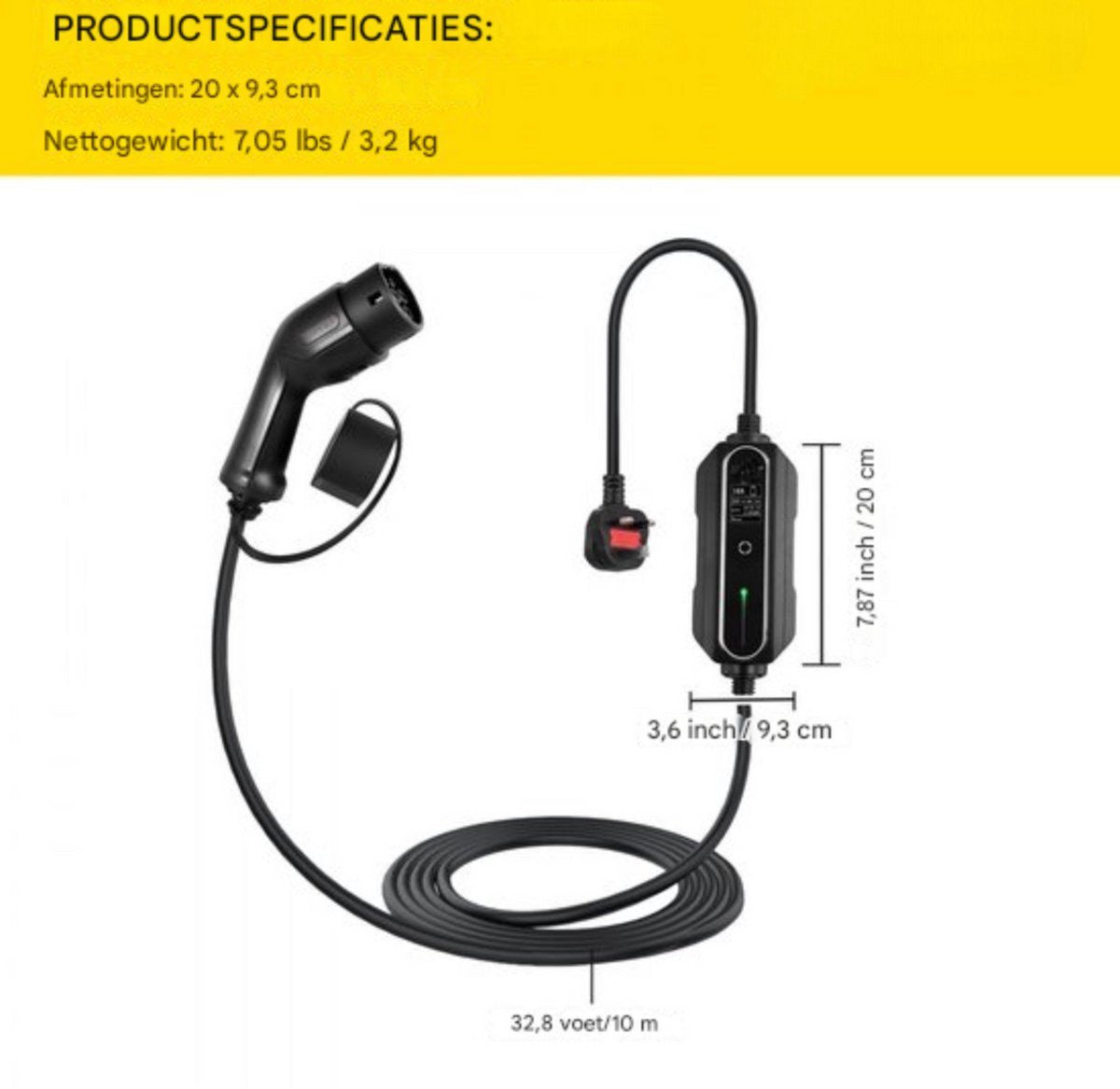 Mobiele Auto laadkabel PRO - 13A -Thuislader - Type2 - 10 meter kabel autolader - 3kW - Voor Elektrisch Voertuig