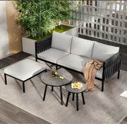 Tuinmeubelset - Loungeset - Tuinlounge Lounge Set - Voor Tuin, Zwembad of Terras - Sofa, 2 Salontafels & Voetkruk - Dik Touw & Marmeren Tafel