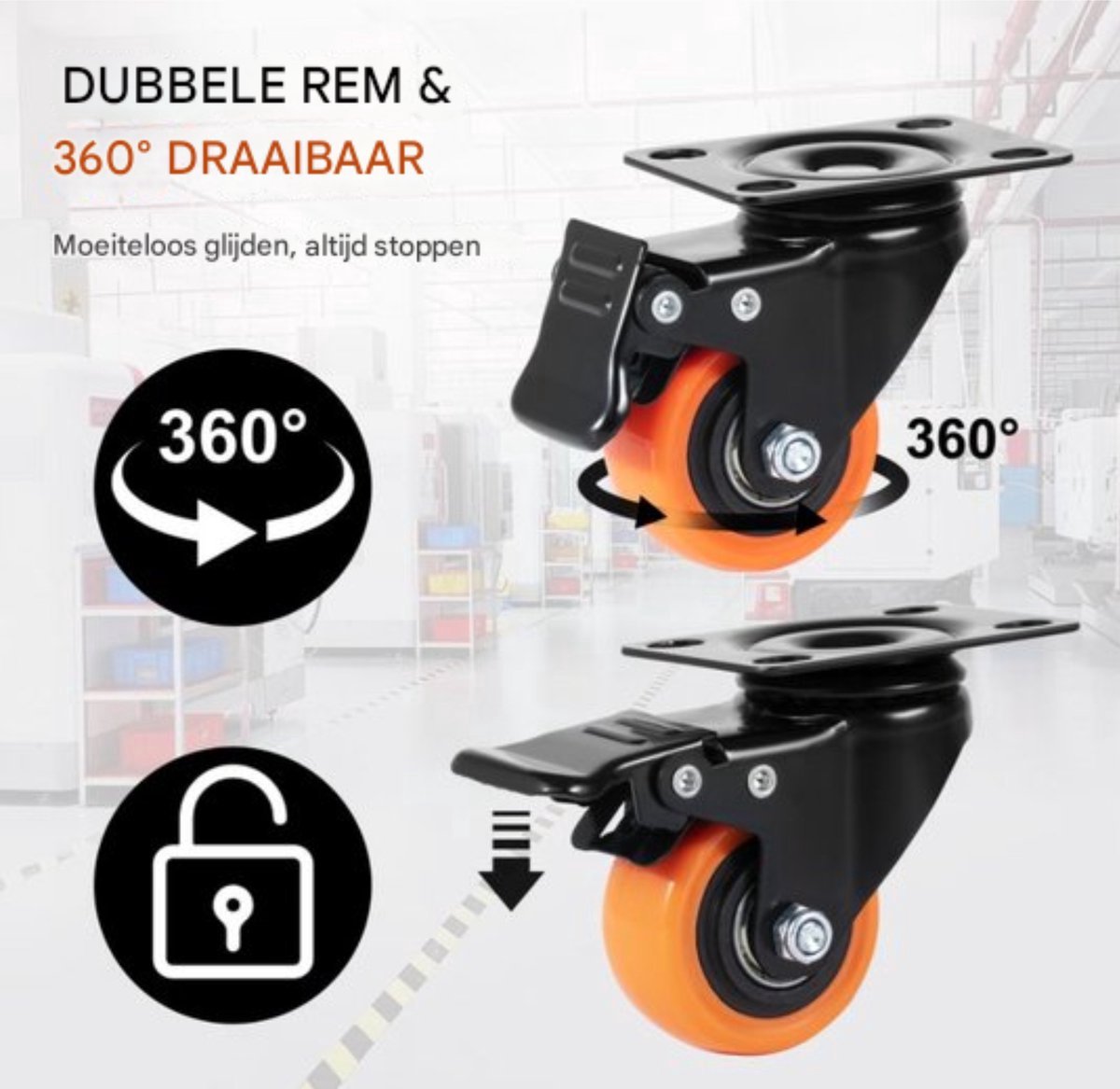 Professionele Zwenkwielen - 10CM hoog - Set van 4 - PVC - Dubbele vergrendeling - Inclusief montagemateriaal