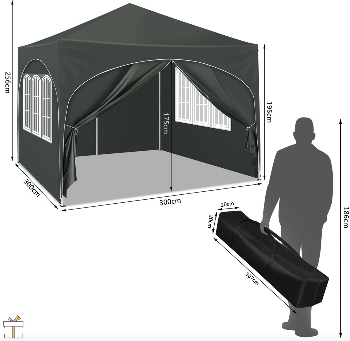 Happyment Luxe Partytent met zijwanden - Blauw - Opvouwbaar - Easy up - Paviljoen - Waterdicht weerbestendig - 3x3 m