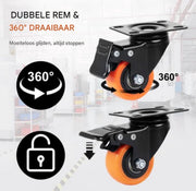 Set van 4 Zwenkwielen - Professioneel - 18CM hoog - Dubbele vergrendeling - PVC - Inclusief montagemateriaal