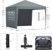 Partytent met zijwanden - 300x300cm - Feesttent - Opvouwbaar - Donkergrijs - Easy up - Paviljoen - Waterdicht weerbestendig - In hoogte verstelbaar
