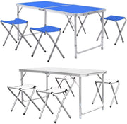 Kampeertafel 5-delig - Opvouwbaar - Klaptafel - Voor Camping en Tuin - Inklapbaar met 4 Krukken - Aluminium 120 cm - Blauw