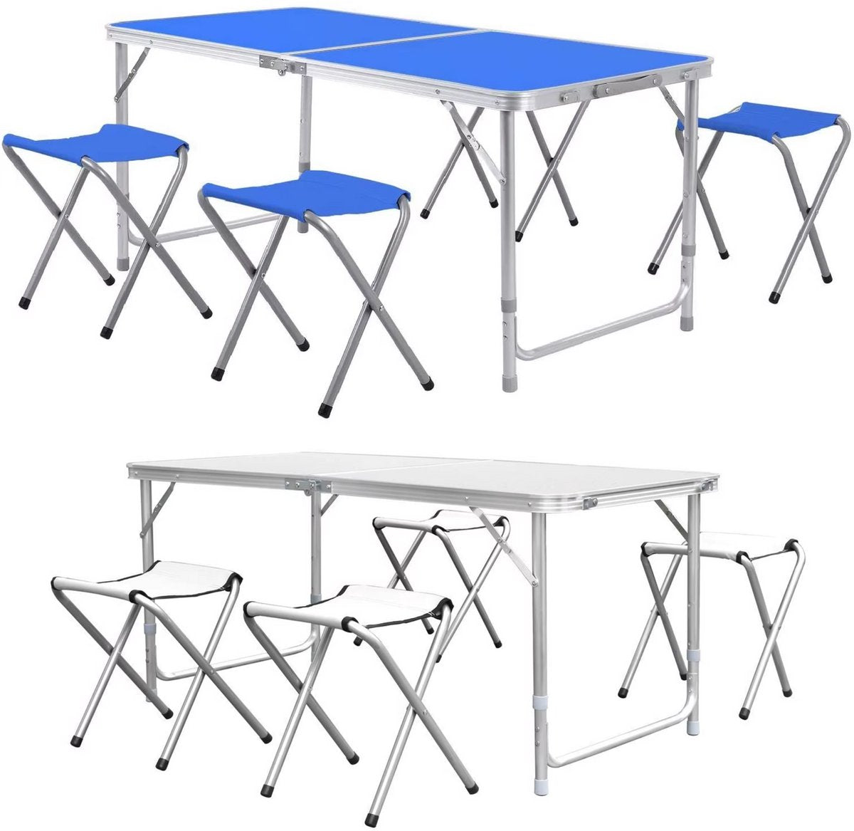 Kampeertafel 5-delig - Opvouwbaar - Klaptafel - Voor Camping en Tuin - Inklapbaar met 4 Krukken - Aluminium 120 cm - Blauw