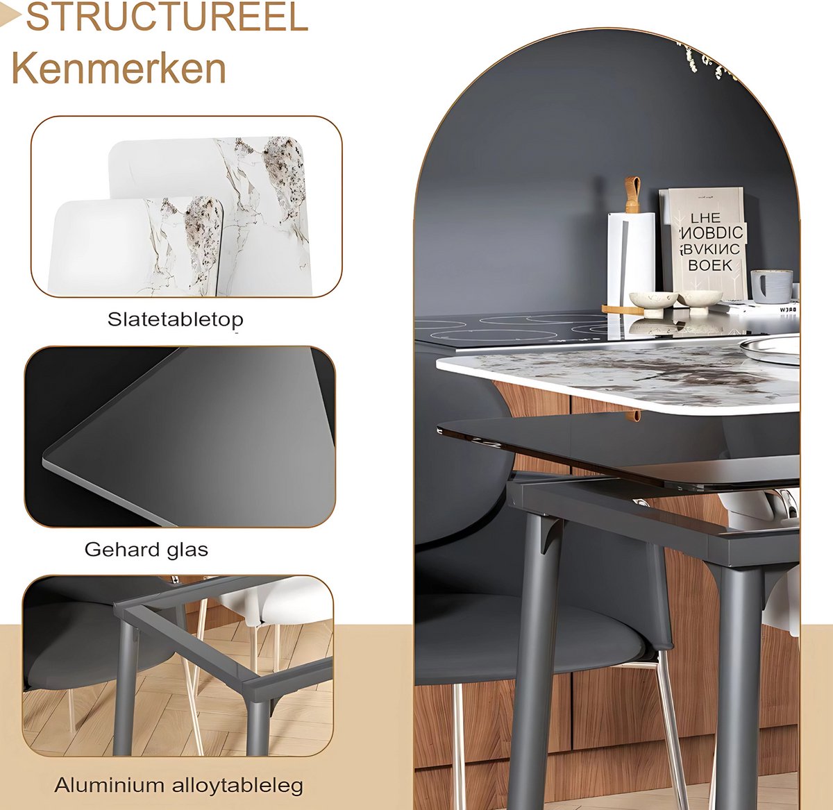 Eettafel Mandino - 4 tot 6 personen - Marmer look - 160cm - Marmer look - Rechthoekig