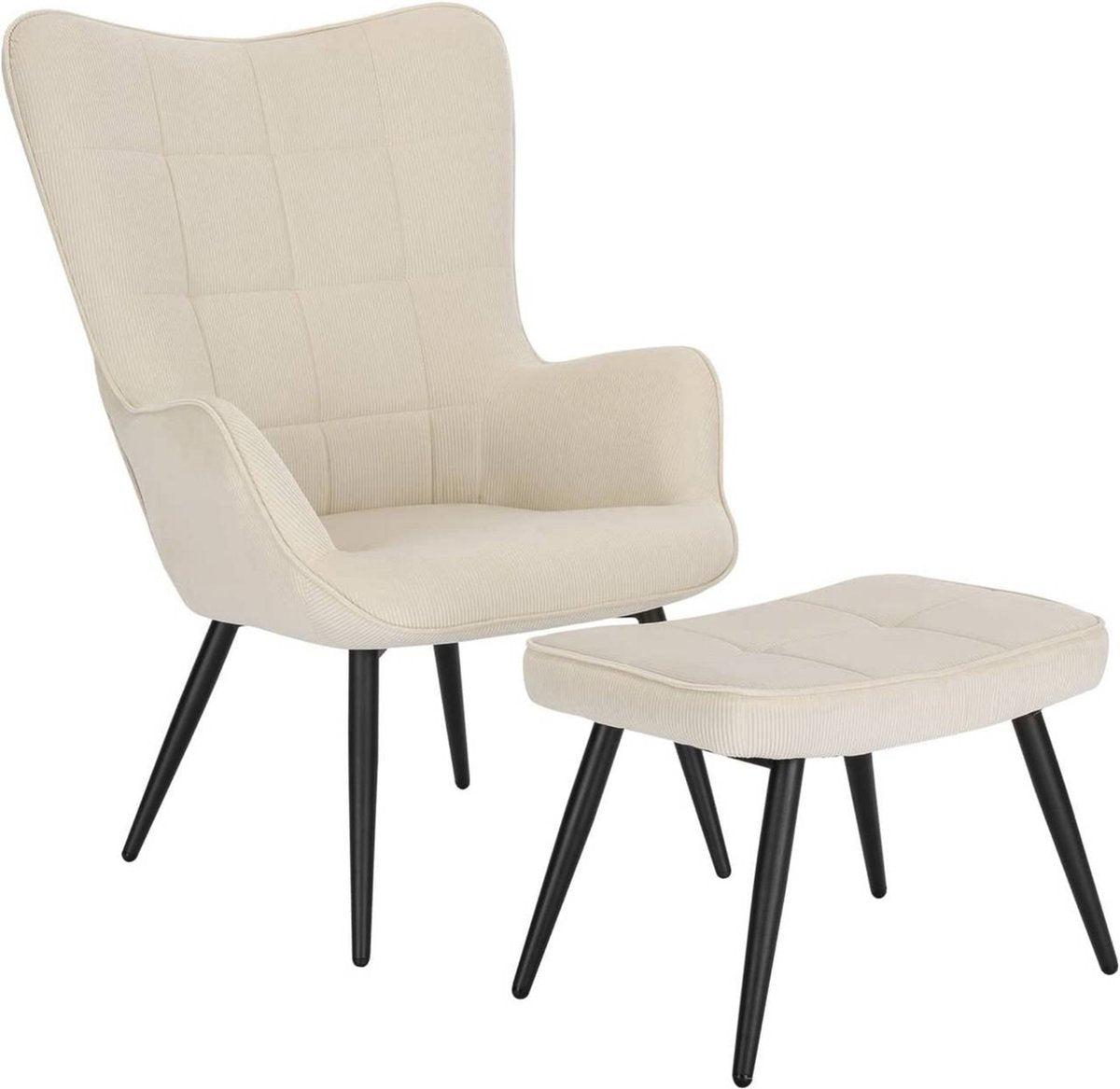 Happyment Fauteuil Deluxe - Met hocker - Armleuning - Voetenbank Woonkamer stoel - Corduroy - Beige