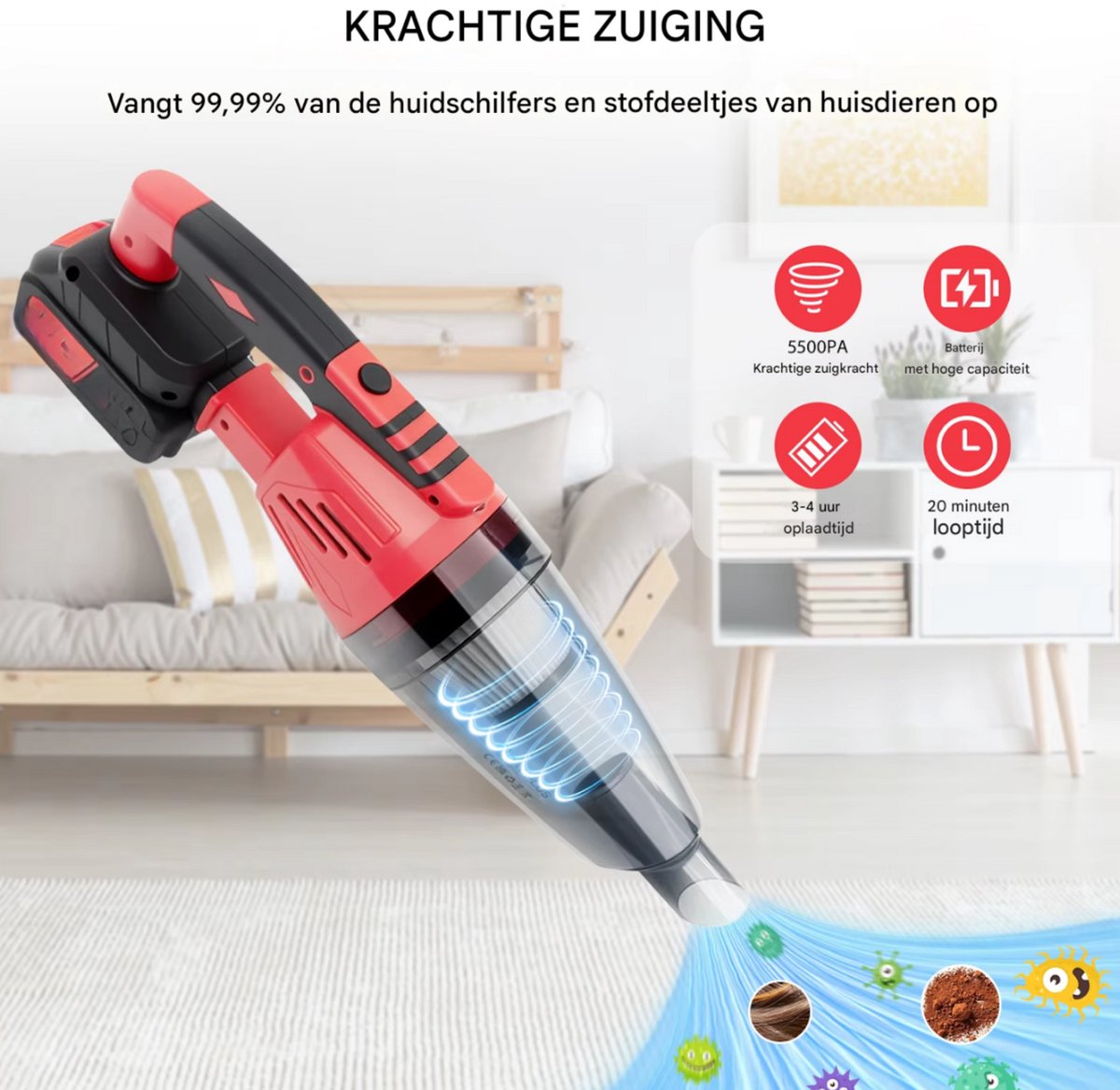 Draadloze Handstofzuiger 2-in-1 - Hoog Zuigkracht - Oplaadbaar & Draagbaar - Voor Auto, Kantoor & Huisdierhaar