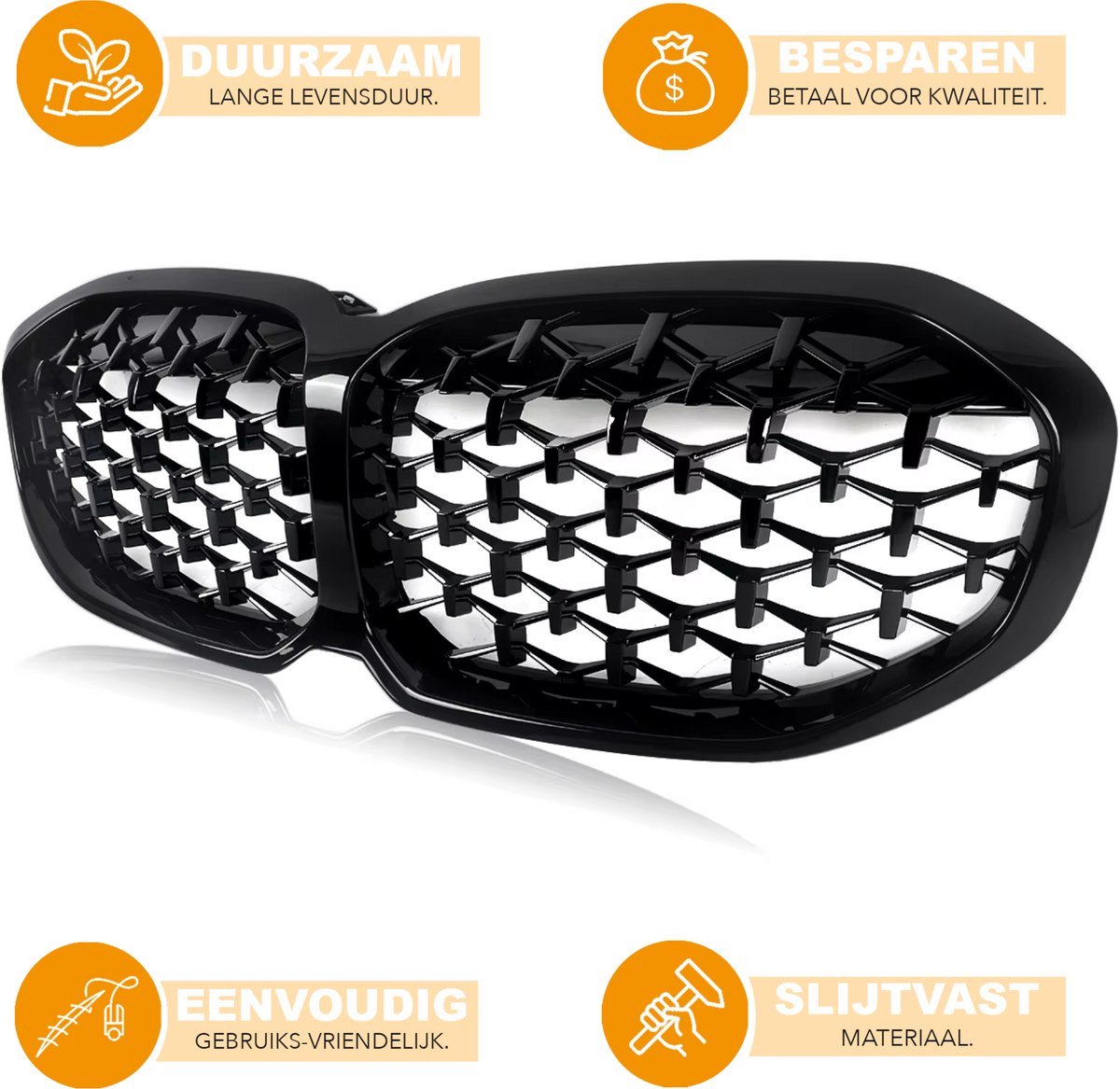 Voorbumper Grille Zorric - Hexa - Voor BMW 1 Serie F40 (2020+) - Diamant Stijl - Gloss Black - Auto accessoires