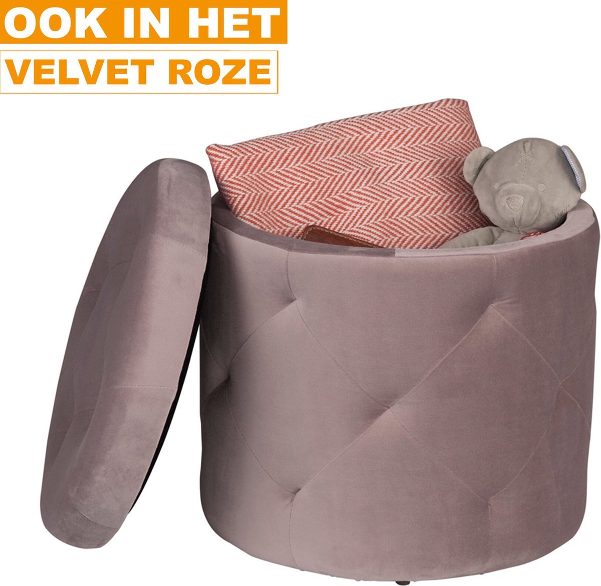 Poef - Grijs Velvet - Met Opbergruimte - Zitkist - Hocker