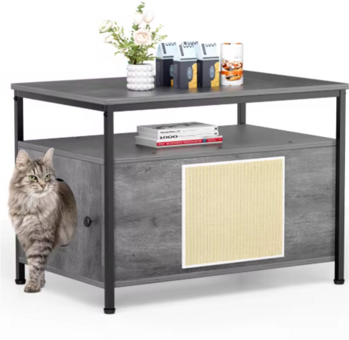 Houten Kattenbak - Verborgen Kattenbak Meubilair met Plank - Opbergkast voor Binnen - Huisdier Krat en Bijzettafel - Voor huisdieren - Grijs