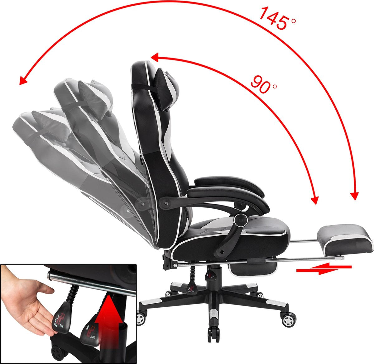 Gaming stoel Preformace - Verstelbaar in hoogte - Met voetsteun - Gamestoel - Chair - Ergonomische bureaustoel - Chair - Wit - Kunstleer