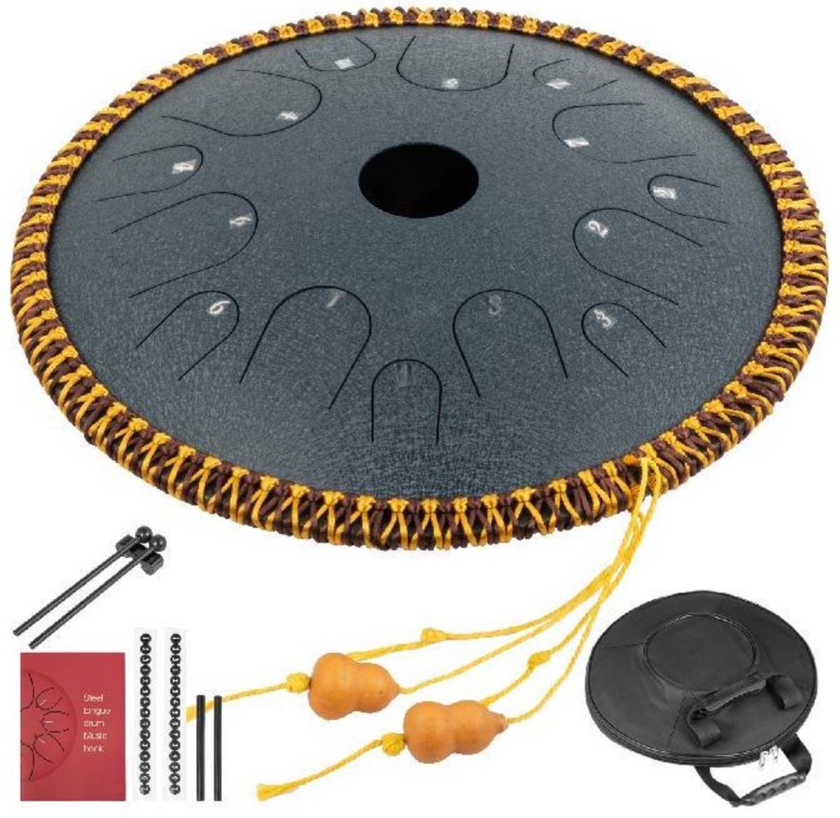 Happyment Stalen Tongdrum - Tongtrommel - Schijftrommel - Tong Drummer - Steel Tongue Drum - Klankschaal - Percussie Instrument - Handpan Drum met Accessoires - Groen - 14 Noten - 30 cm