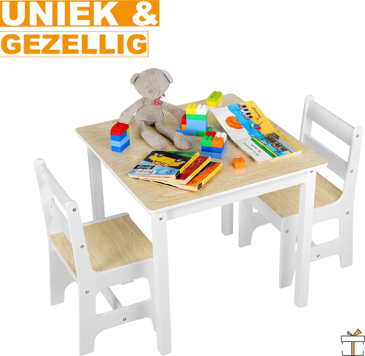 Happyment Kindertafel en 2 Stoeltjes - Kindermeubel - Speeltafel - kinderbureau - Wit - Eiken