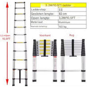 Luxe Telescopische Loft Ladder - 320CM - vouwbare Trapladder - Uitschuifbare Aluminium Ladder - Draagbaar - EN131 - Max. Belasting 150kg/330lb
