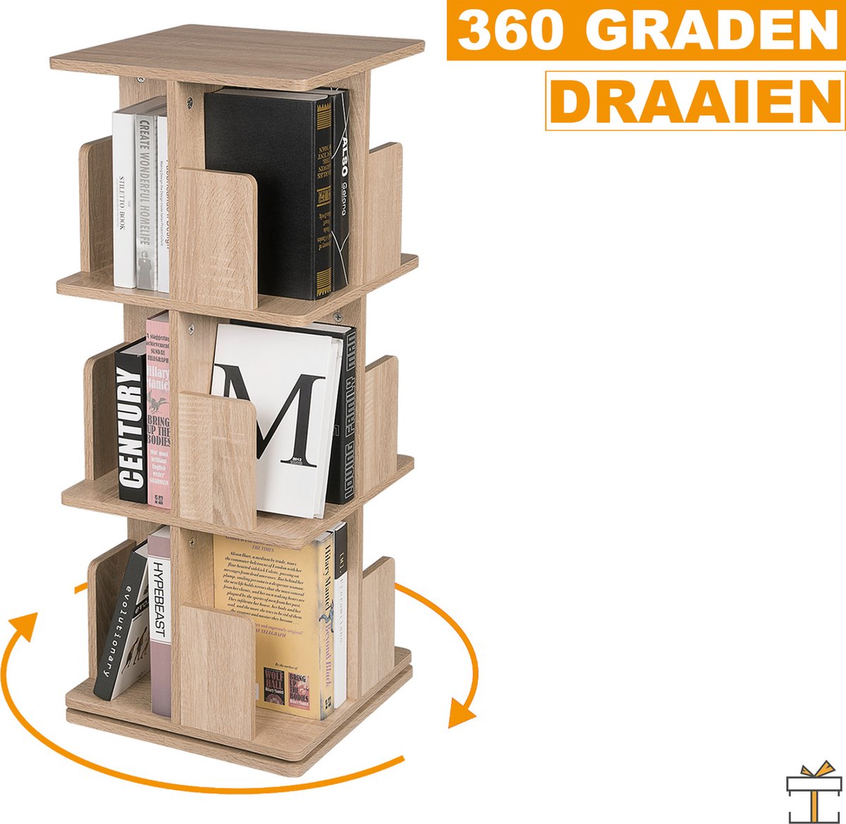 Happyment Draaibare boekenkast deluxe - 3 lagen - Boekenrek - Woonkamer & slaapkamer - Hout - MDF - 39x39x128cm
