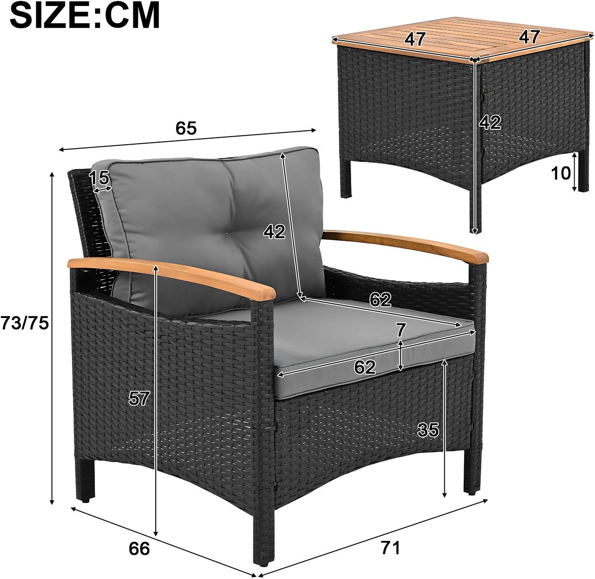 5-delig Tuinmeubelset - Loungeset - Tuinlounge -Voor Balkon of Terras - Acacia Hout & Rotan Metalen Frame - Waterdichte Grijze Kussens