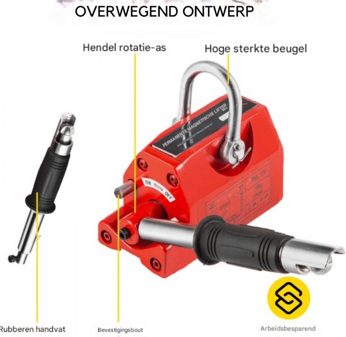 Magnetische Lifter PRO - Hefmagneet - 100KG - Voor Staalplaten & Cilinders - 135x67 mm