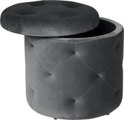 Luxe Ronde Poef Zizi - Met opbergruimte - Voetenbank met opbergruimte - Opbergbox hocker - Zitkist met deskel - Donkergrijs - Velvet - 39.5 x 39.5 x 40 cm