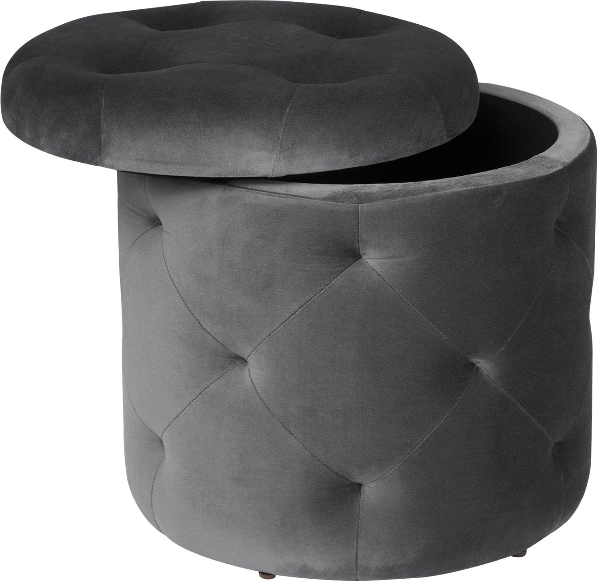 Luxe Ronde Poef Zizi - Met opbergruimte - Voetenbank met opbergruimte - Opbergbox hocker - Zitkist met deskel - Donkergrijs - Velvet - 39.5 x 39.5 x 40 cm