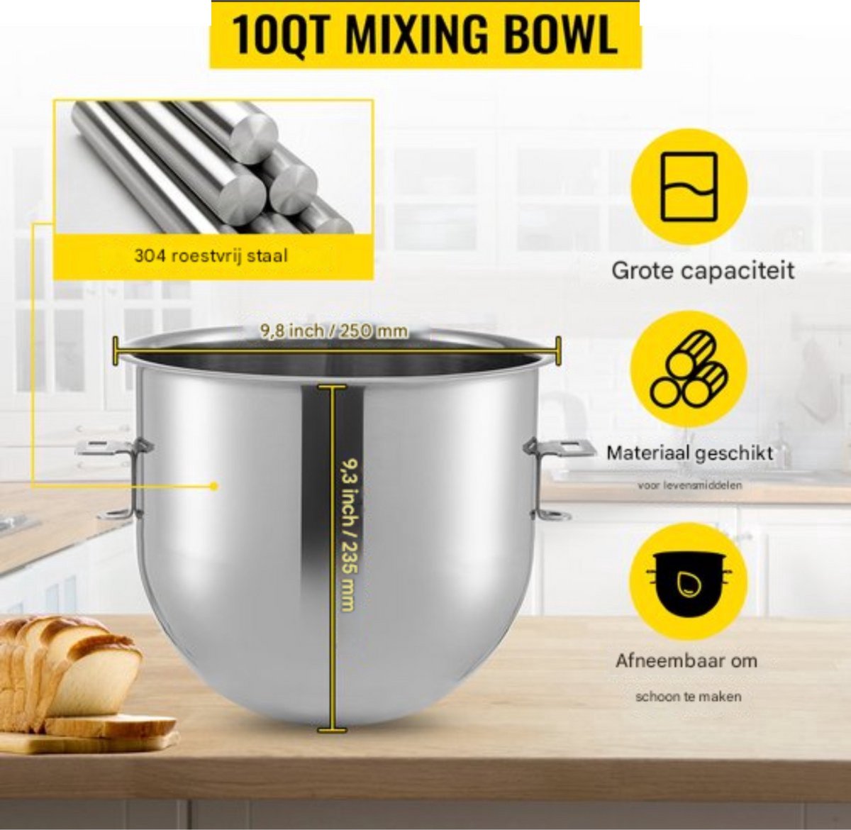 Elektrische Keukenmachine PRO - 3 koppen - Foodprocessor - Keukenrobot - Keukenmixer - Mengkom mixer - 450W - 10L RVS Mengkom