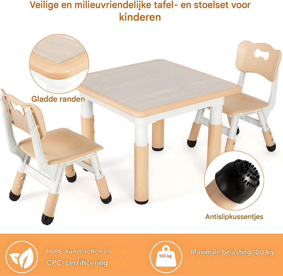 Kindertafel met stoeltjes - 2 stoelen - Activiteiten tafel - Speeltafel Kinderbureau - 3-8 jaar - In Hoogte Verstelbaar - Studeertafel voor Kinderen - Beige