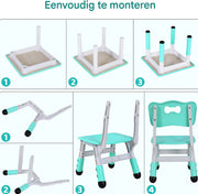 Kindertafel met stoeltjes - 2 stoelen - Activiteiten tafel - Speeltafel Kinderbureau - 3-8 jaar - In Hoogte Verstelbaar - Studeertafel voor Kinderen - Turquoise