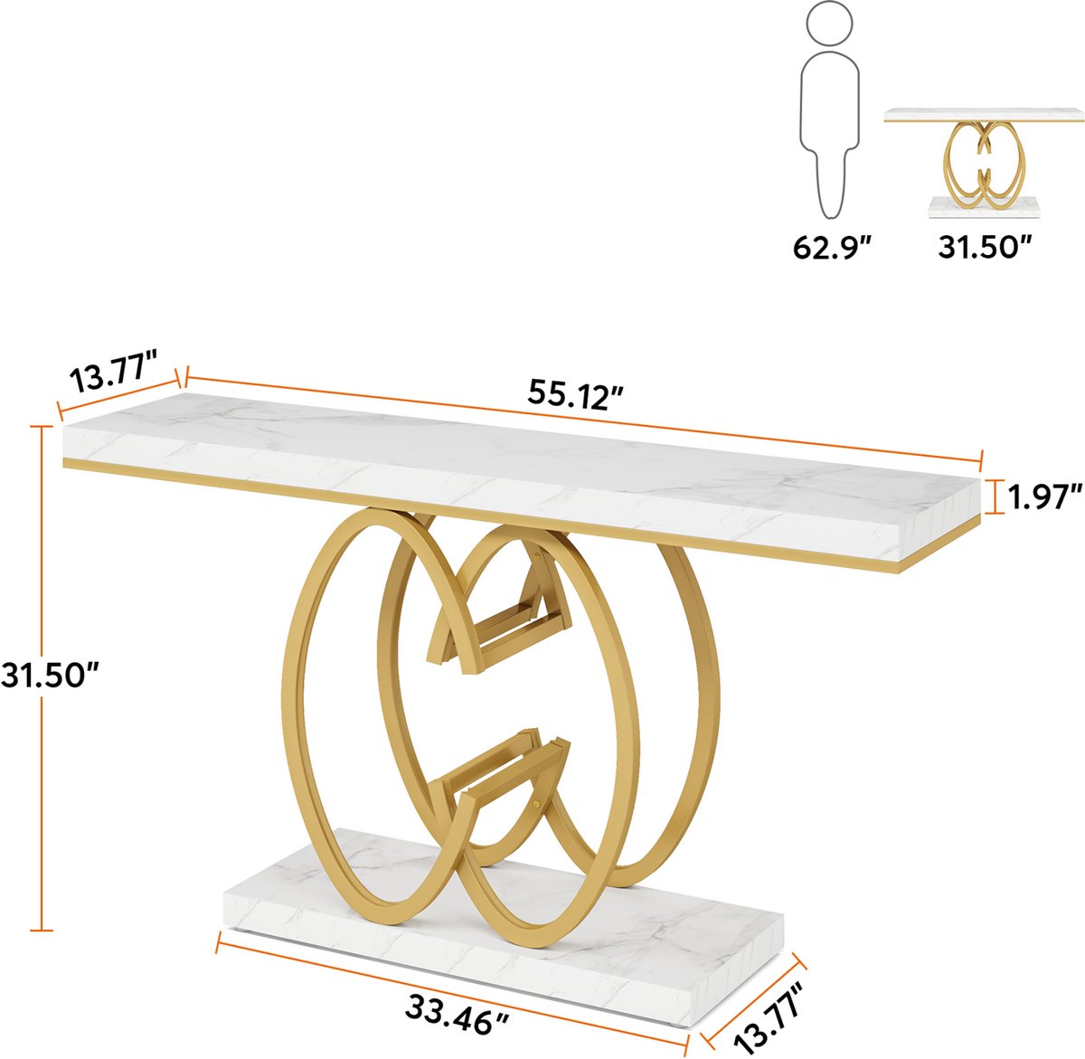 Wandtafel Pero - Haltafel - Dressiortafel - Bijzettafel - Sidetable - Kunstmarmer, goud - 140cm
