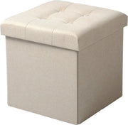 Happyment Poef Creme - Met opbergruimte - Opbergbank Poef - Voetenbank - Opbergbox hocker - Zitkist met deskel - Stof - 50x35x45cm