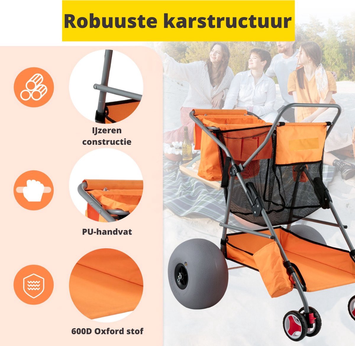 Happyment Bolderwagen - Strandkar - Bolderkar Opvouwbaar - Strandtrolley - Beach Trolley - Strandwagen - Luchtbanden - Inclusief Pomp - Blauw