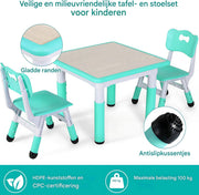 Kindertafel met stoeltjes - 2 stoelen - Activiteiten tafel - Speeltafel Kinderbureau - 3-8 jaar - In Hoogte Verstelbaar - Studeertafel voor Kinderen - Turquoise