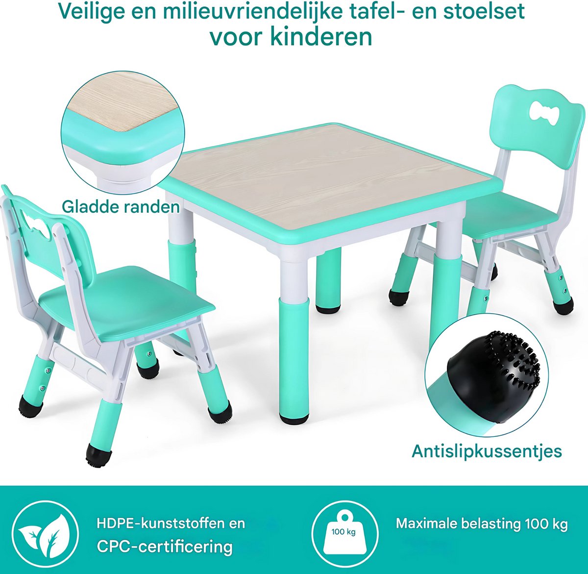 Kindertafel met stoeltjes - 2 stoelen - Activiteiten tafel - Speeltafel Kinderbureau - 3-8 jaar - In Hoogte Verstelbaar - Studeertafel voor Kinderen - Turquoise