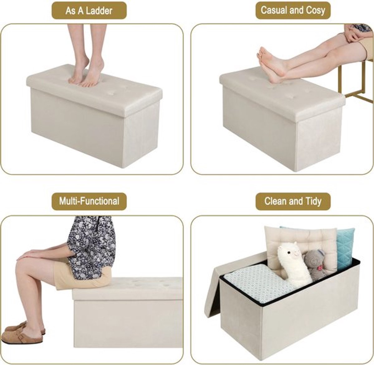 Opbergbank - Grijs - Zitbank Poef - Opbergbox Hocker - 76x38x38cm