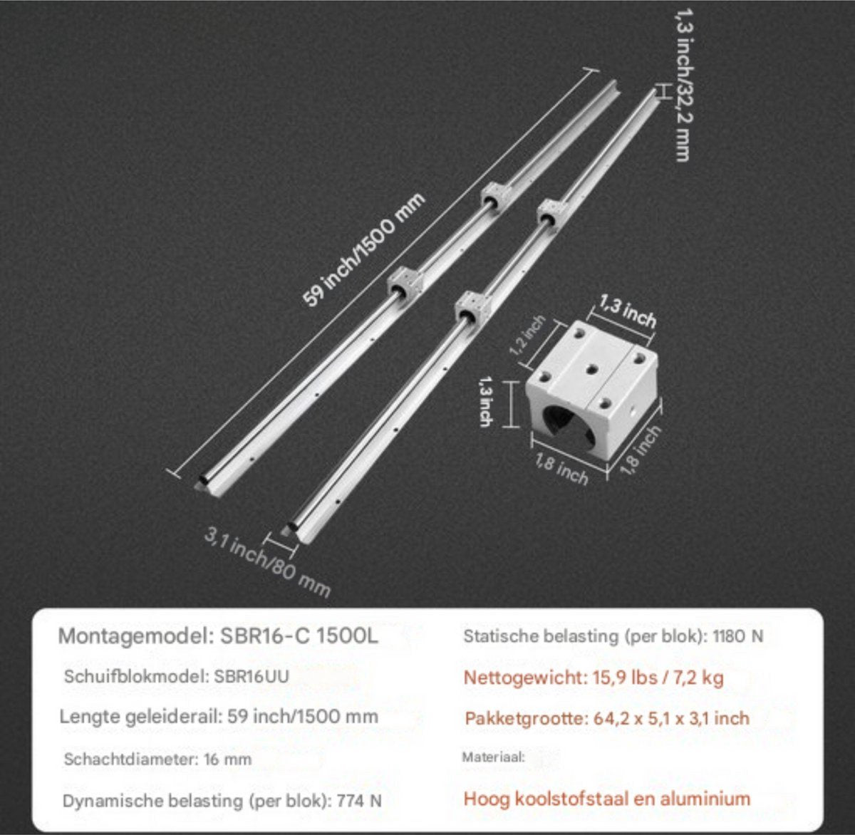 Lineaire Geleider - Lineaire Rail 2 Stuks - Schuifblokken - Geleiding - 1500mm - Koolstofstaal Aluminium