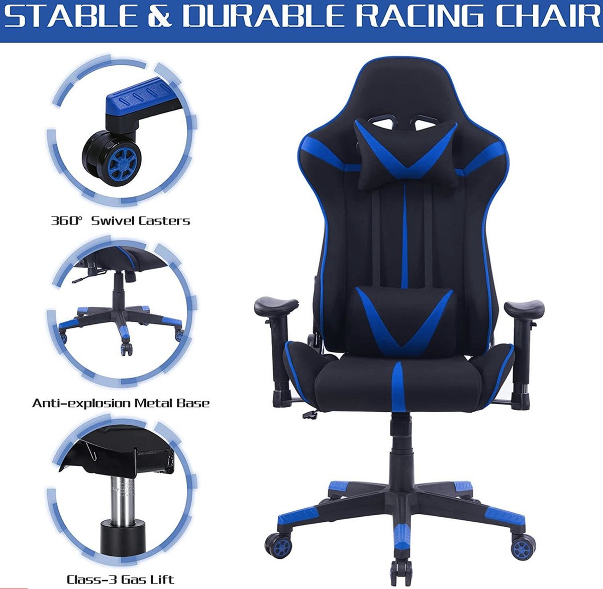 Happyment Gamestoel Sheffield - Kunstleer - Met rugleuning en armleuning - In hoogte verstelbaar - Ergonomisch - Blauw/zwart