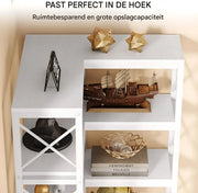 Hoekkast Verletta - Met 7 Lagen - Boekenkast voor woonkamer of slaapkamer - Wit opbergrek - Hout en metaal