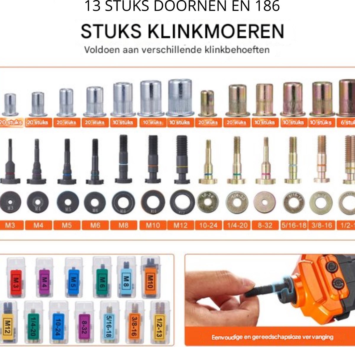 Klinknagel PRO - Moer Set - Popnagel Gereedschapset - 70 Stuks - Met Koffer - Oranje
