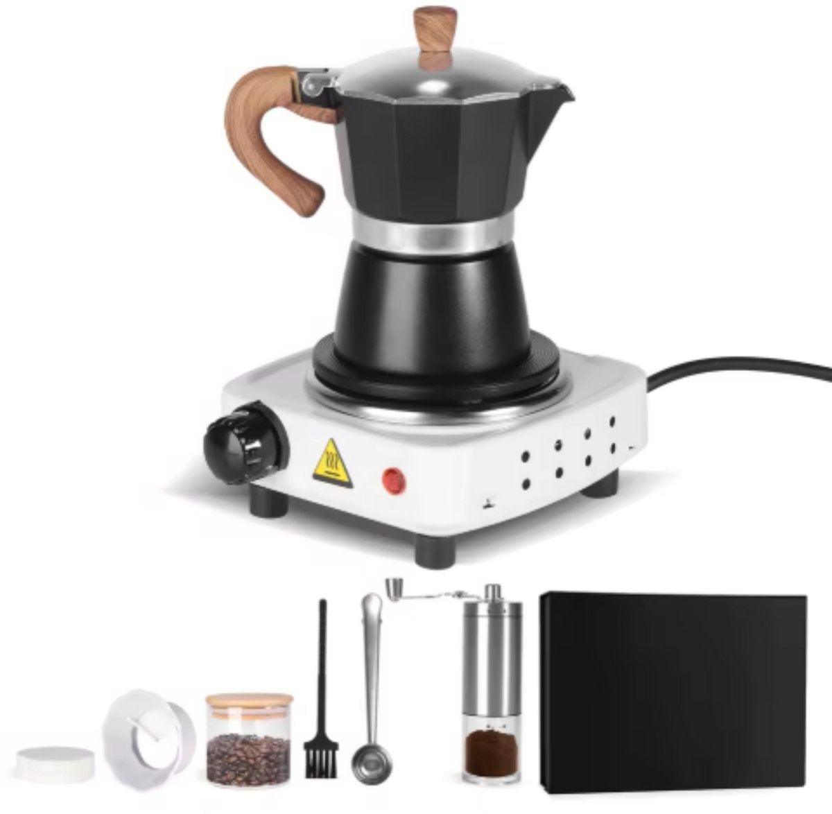 Espresso Tavien - koffiemaker - Zwart - Percolator - Moka pot - Met Koffiemolen - Camping en thuisgebruik